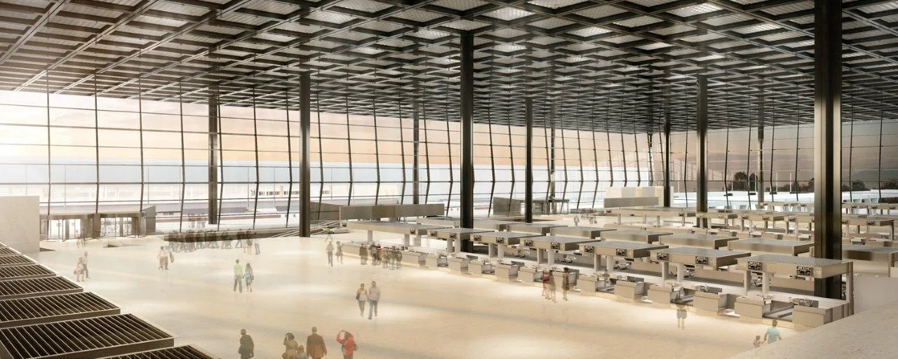 Visualisierung der Terminalhalle mit Glasfassade am Flughafen Frankfurt
